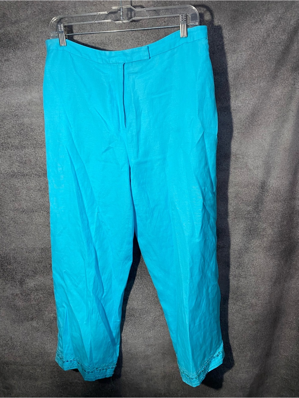 Vtg Dressbarn Linen Blend Sequin Hem Pants Size 12 Aqua Blue Y2K Cropped Capris